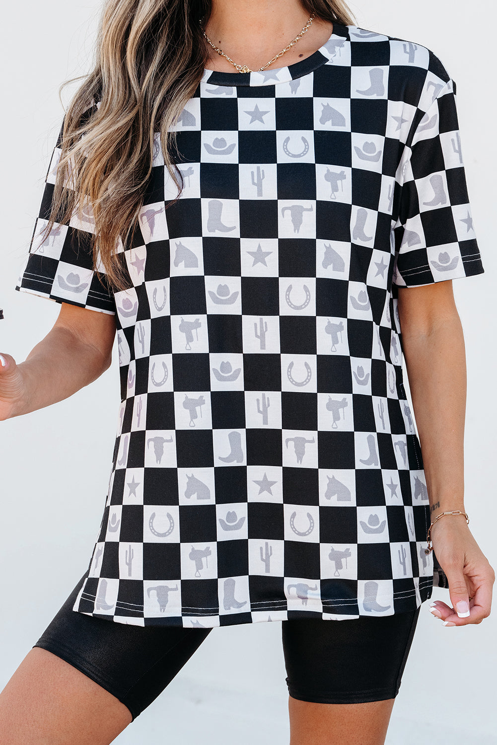 Black Western Fashion Checkerboard Print Side Split T Shirt eAura
