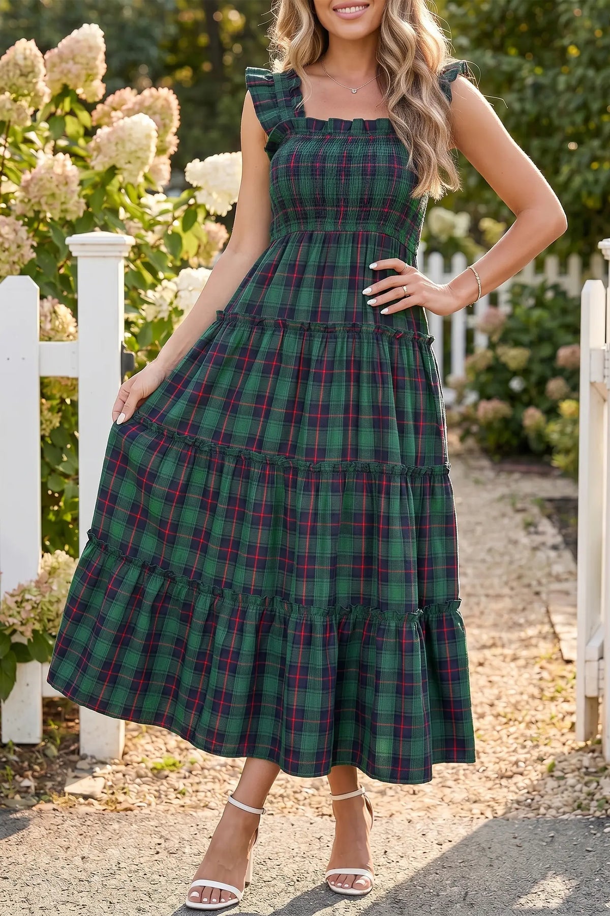 Plaid Ruffle Sleeveless Shirred Bodice Tiered Midi Dress – Green