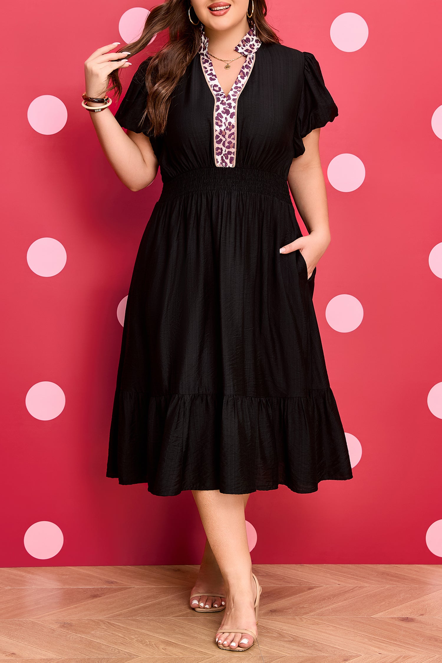 Leopard V-Neck Patchwork Smocked Waist Plus Size Ruffled Dress