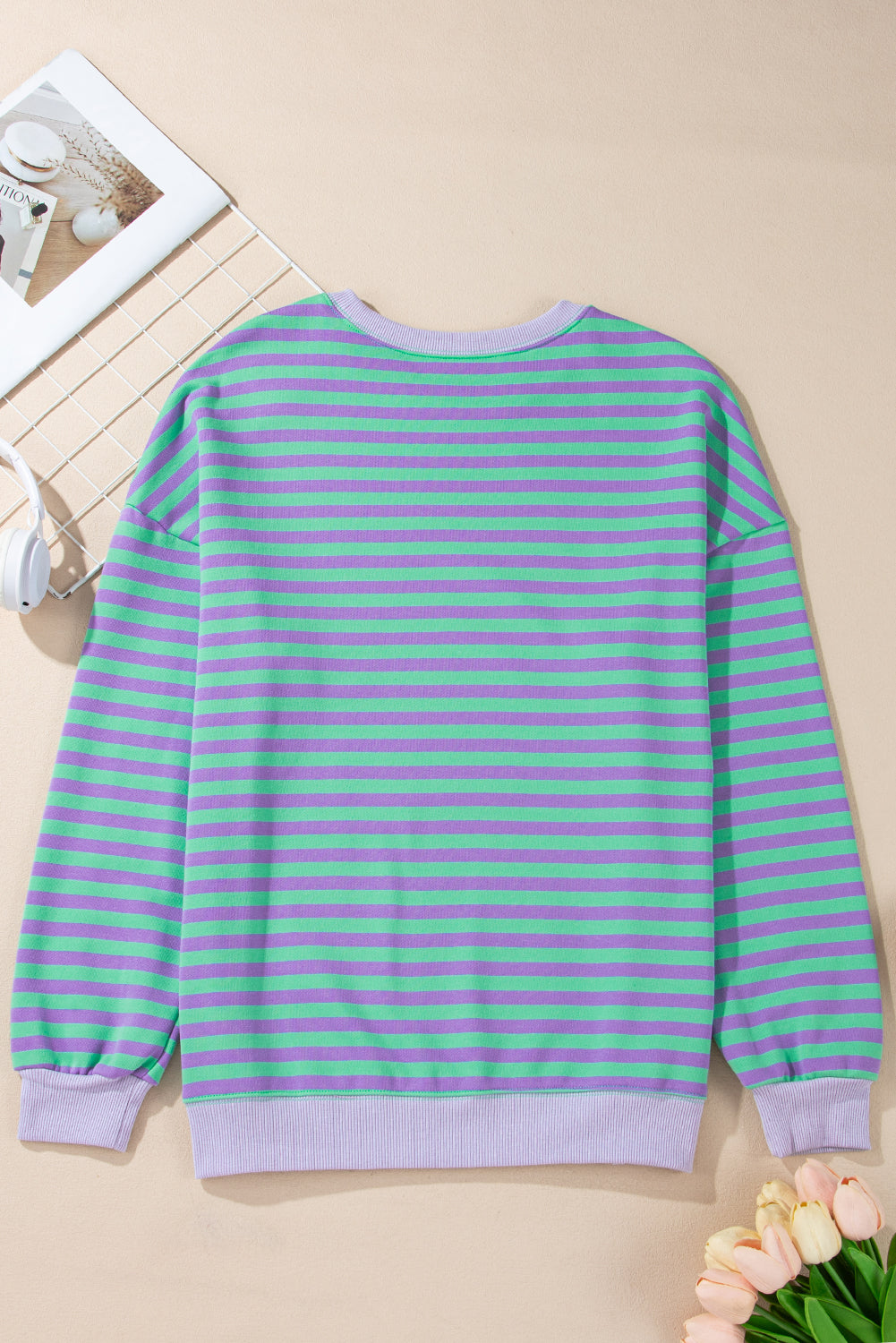 Striped Contrast Ribbed Trim Crossed Stitch Drop Shoulder Sweatshirt - eAura