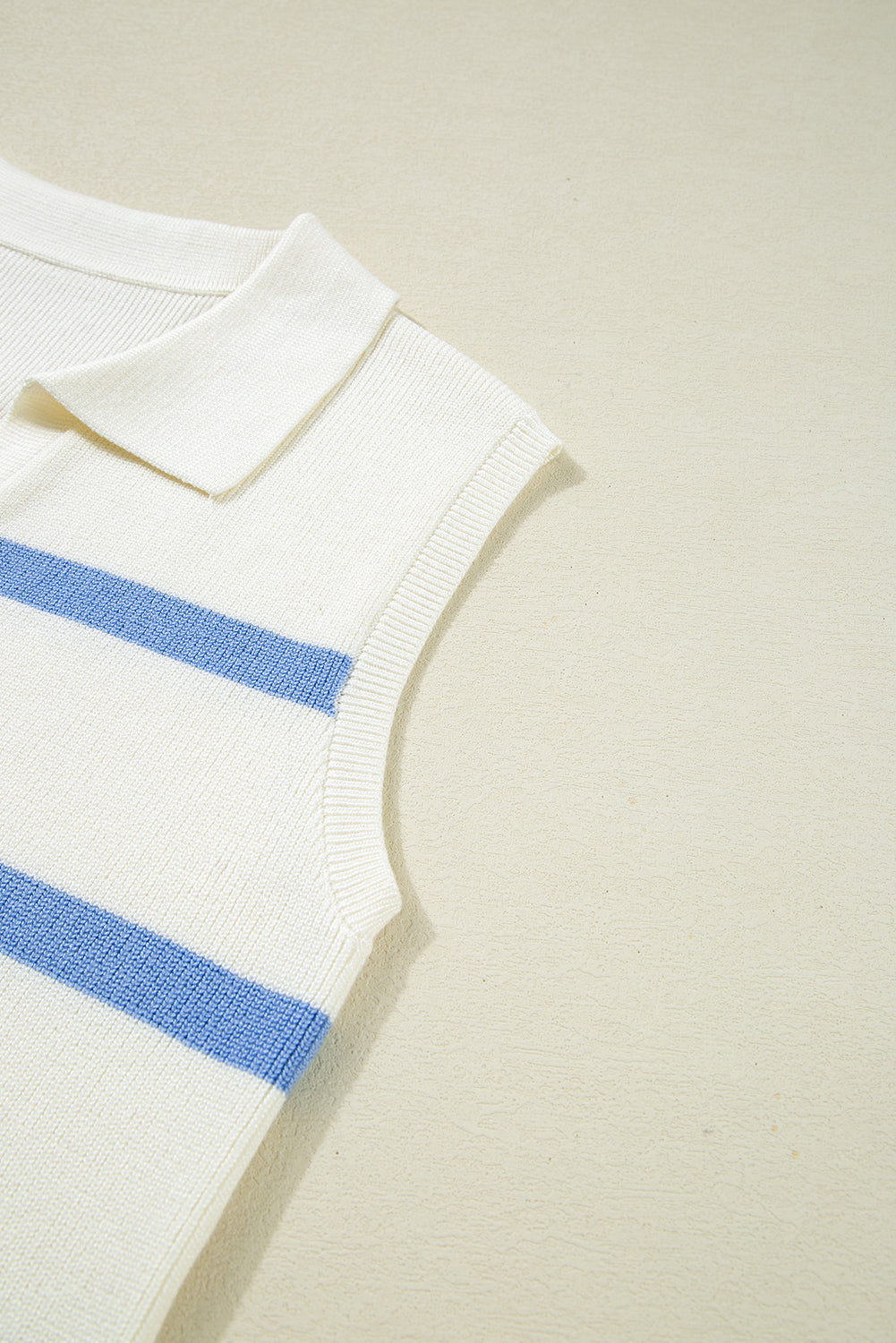 Blue Stripe Split V Neck Collared Ribbed Sleeveless Sweater eAura