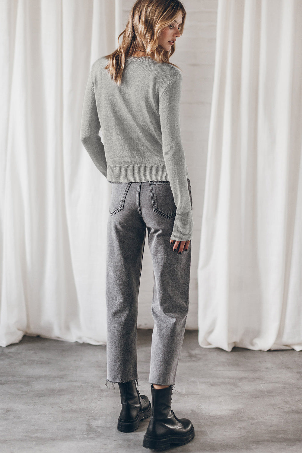 Grey Solid Colour Thumbhole Sleeve Ribbed Edge Sweater eAura