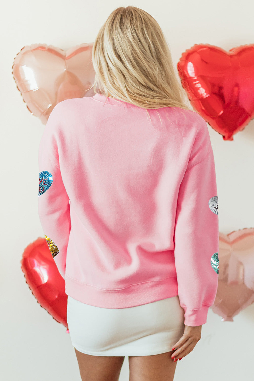 Pink Sequin Romantic Letters Heart Graphic Valentines Sweatshirt eAura