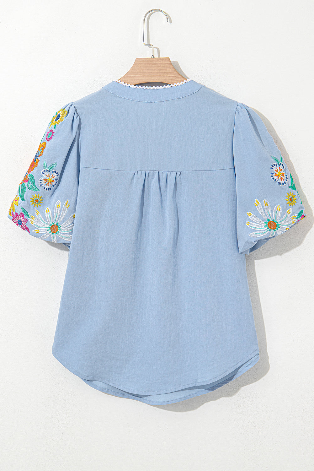 Floral Embroidered Puff Sleeve Split Neck Blouse eAura