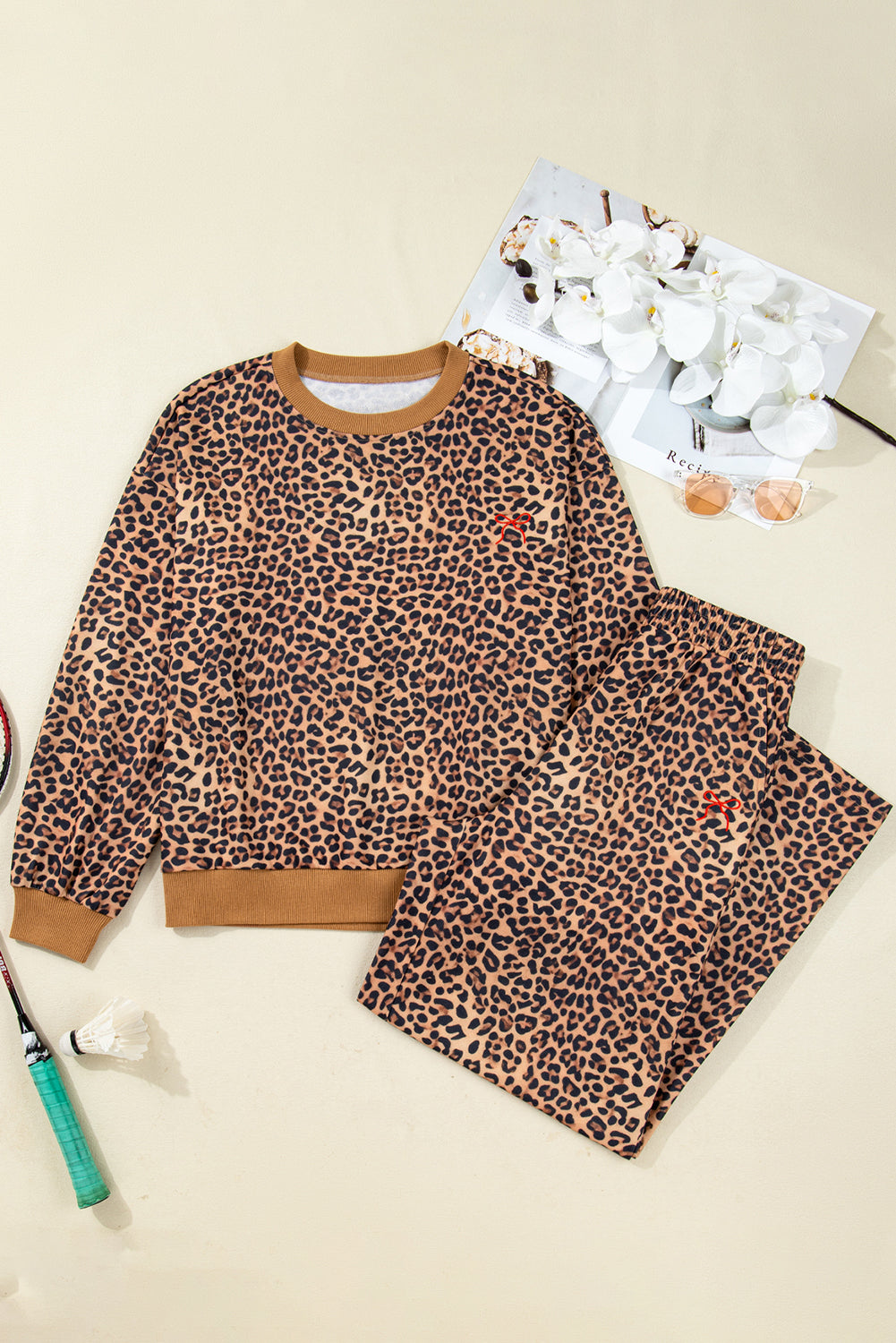 Leopard Pullover and Pants Co-ord Outfit with Bow Embroidery - eAura