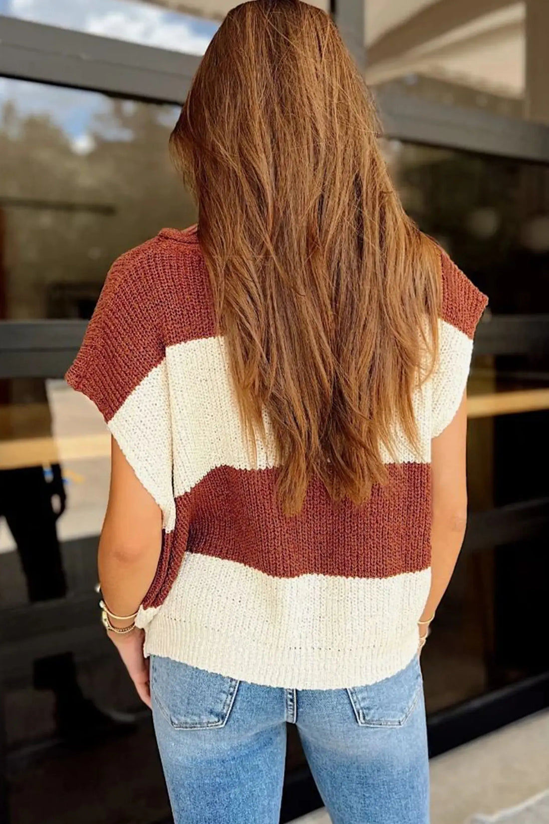 Striped Colourblock Knit V Neck Short Sleeve Loose Sweater