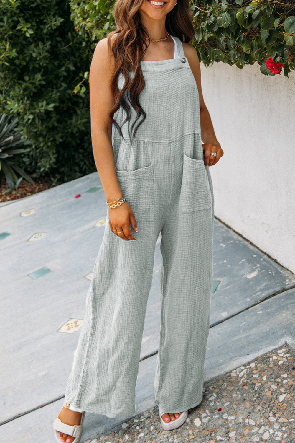 Gray Textured Wide Leg Overall with Pockets BB Fashion Outlet
