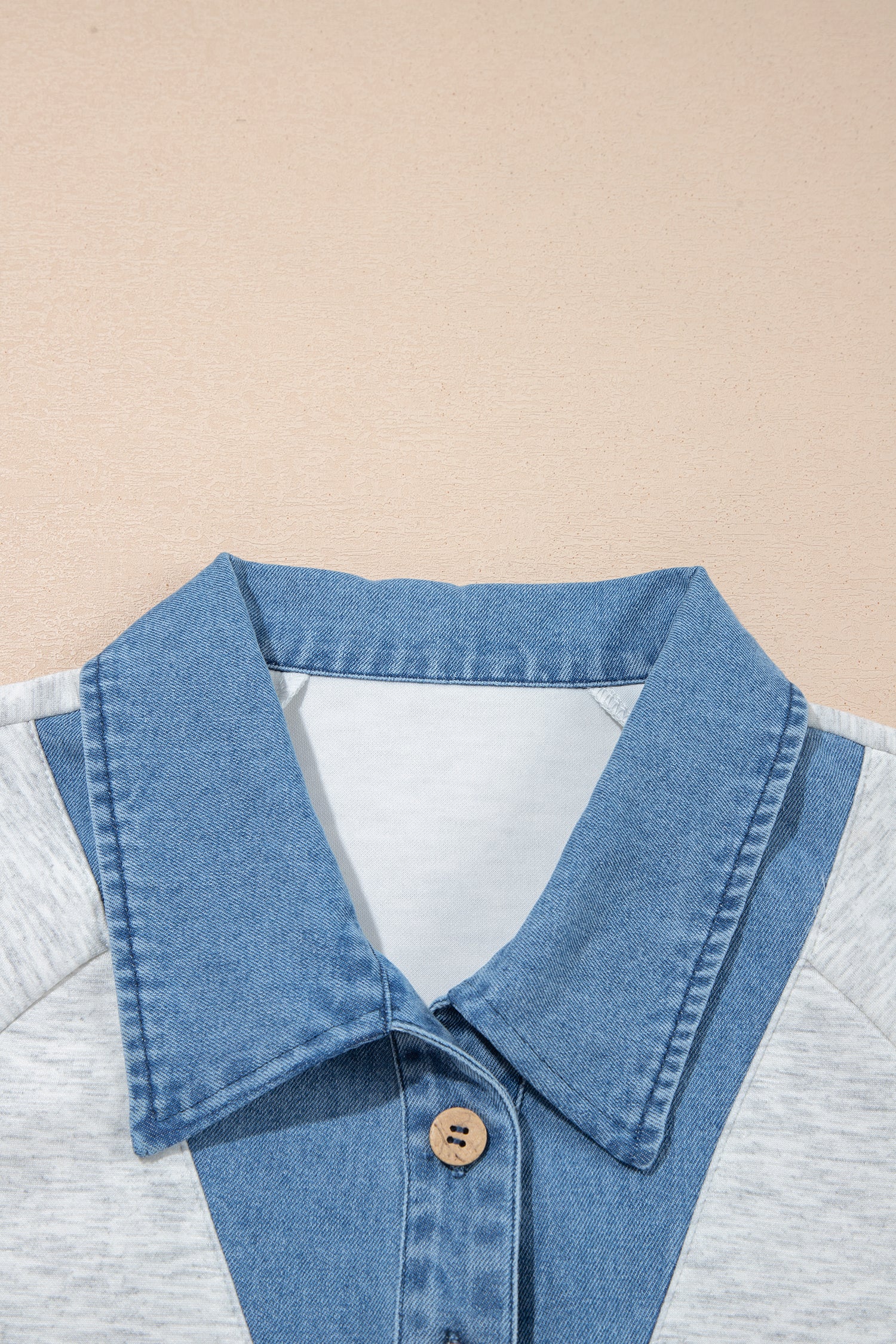 Denim Contrast Collar Cuffed Short Sleeve Top – Light Grey