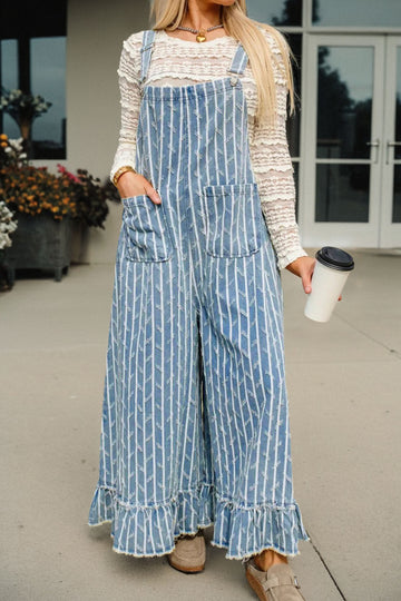 Striped Distressed Ruffled Wide Leg Denim Overalls – Blue