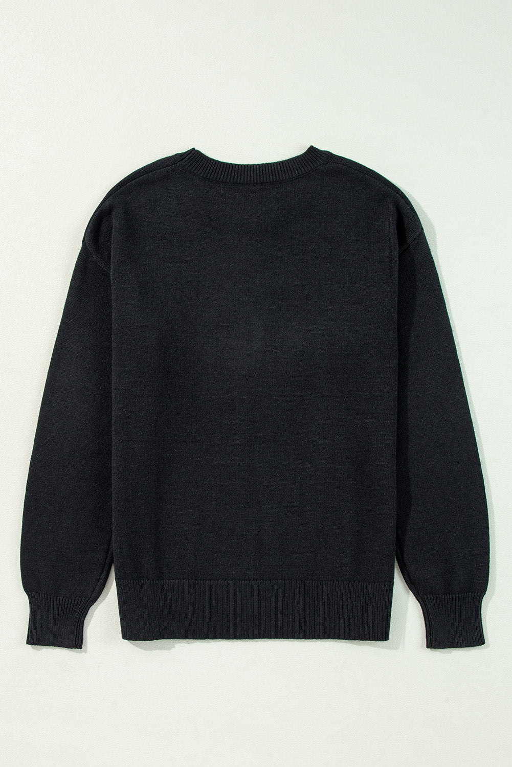 Black Boo Knitted Pattern Ribbed Edge Drop Shoulder Sweater eAura