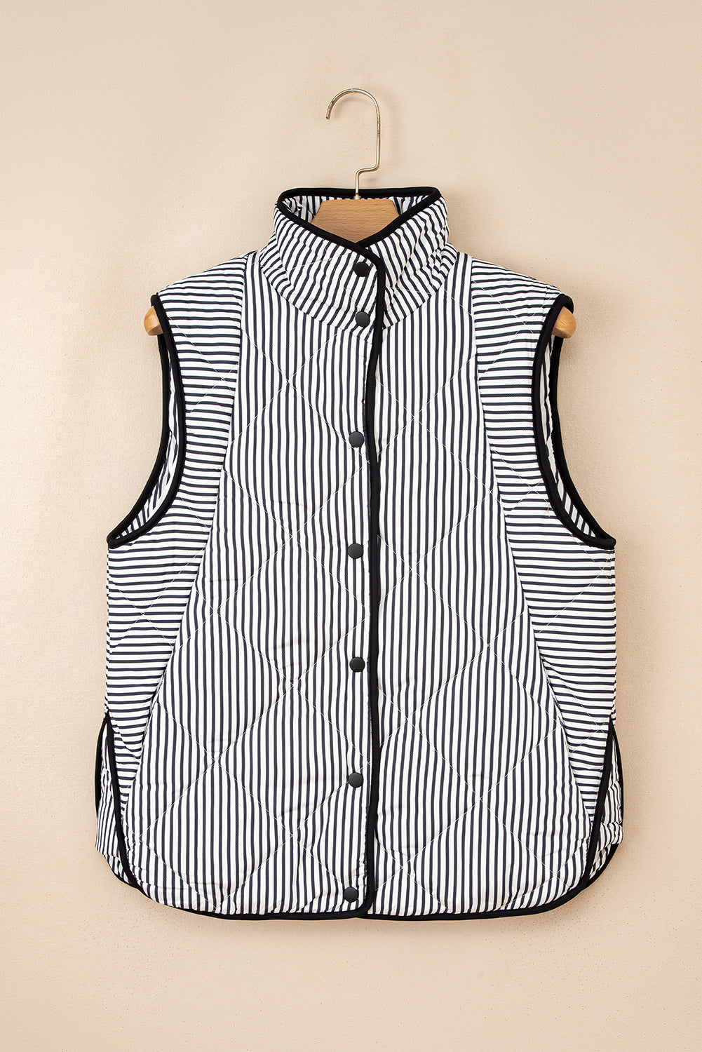 Brown Stripe Contrast Trim Snap Button Collared Vest - eAura