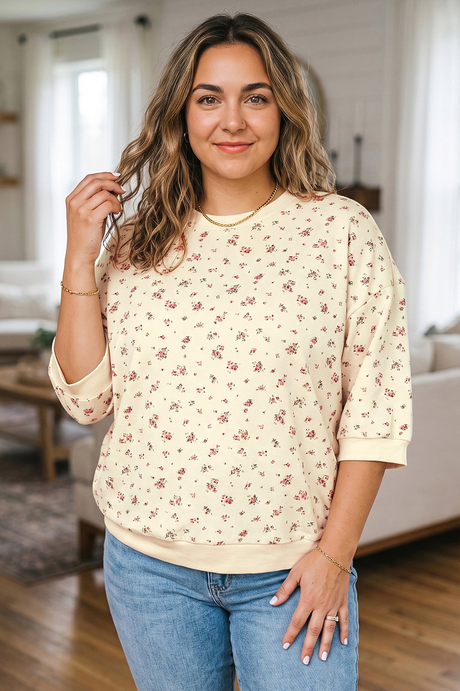 Floral Print Colorblock Cuffs Hem Plus Size Blouse – Beige