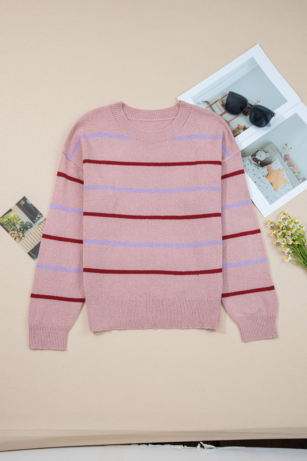 Striped Ribbed Edge Drop Shoulder Sweater eAura
