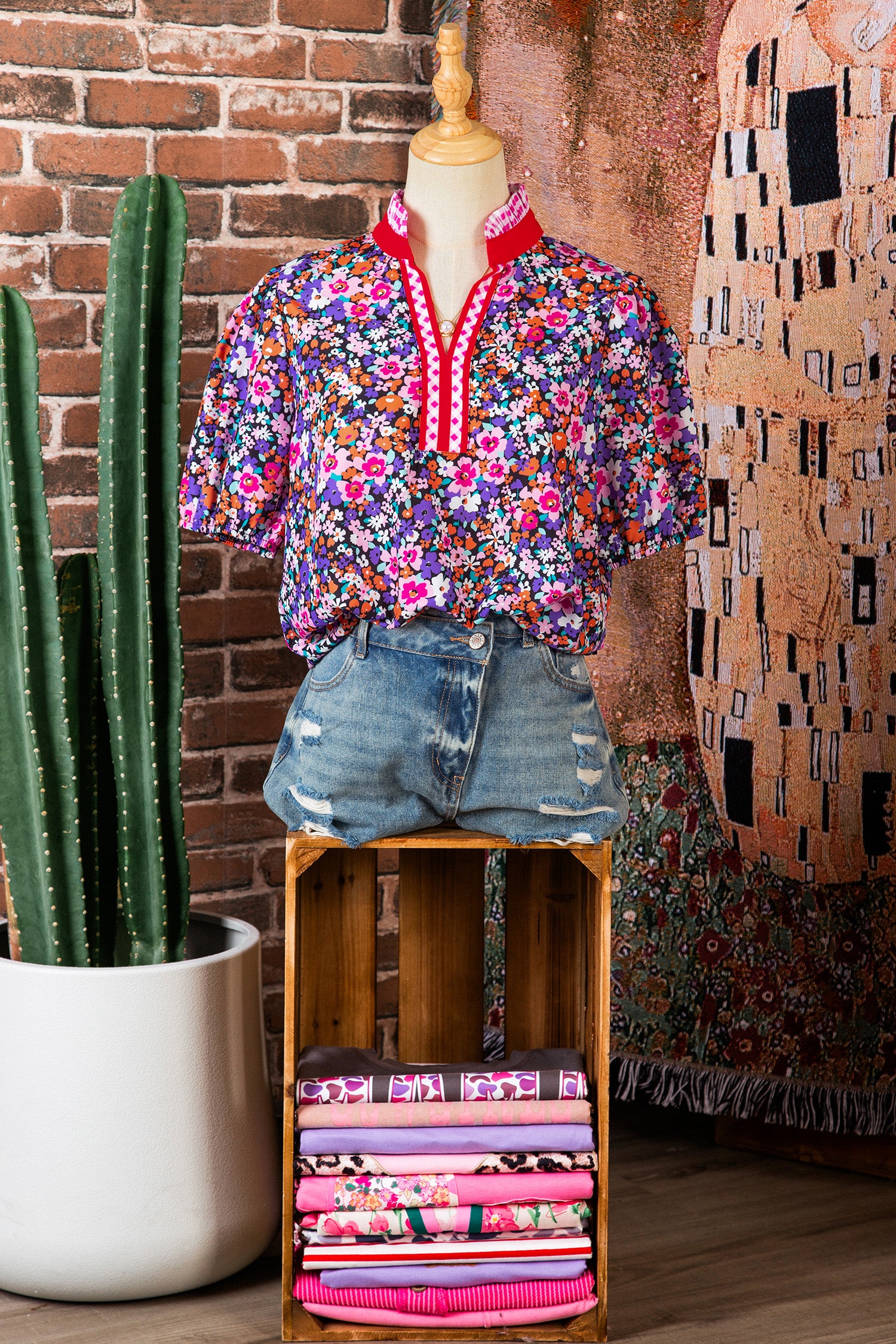 Ditsy Floral Print Plaid Colorblock Trim V Neck Blouse – Purple