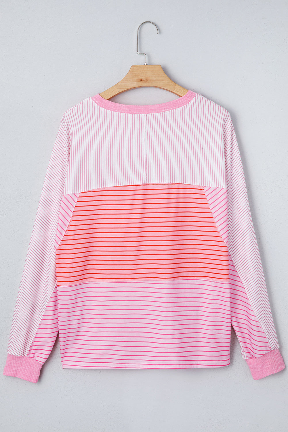 Pink Striped Exposed Seam Casual Long Sleeve Top eAura