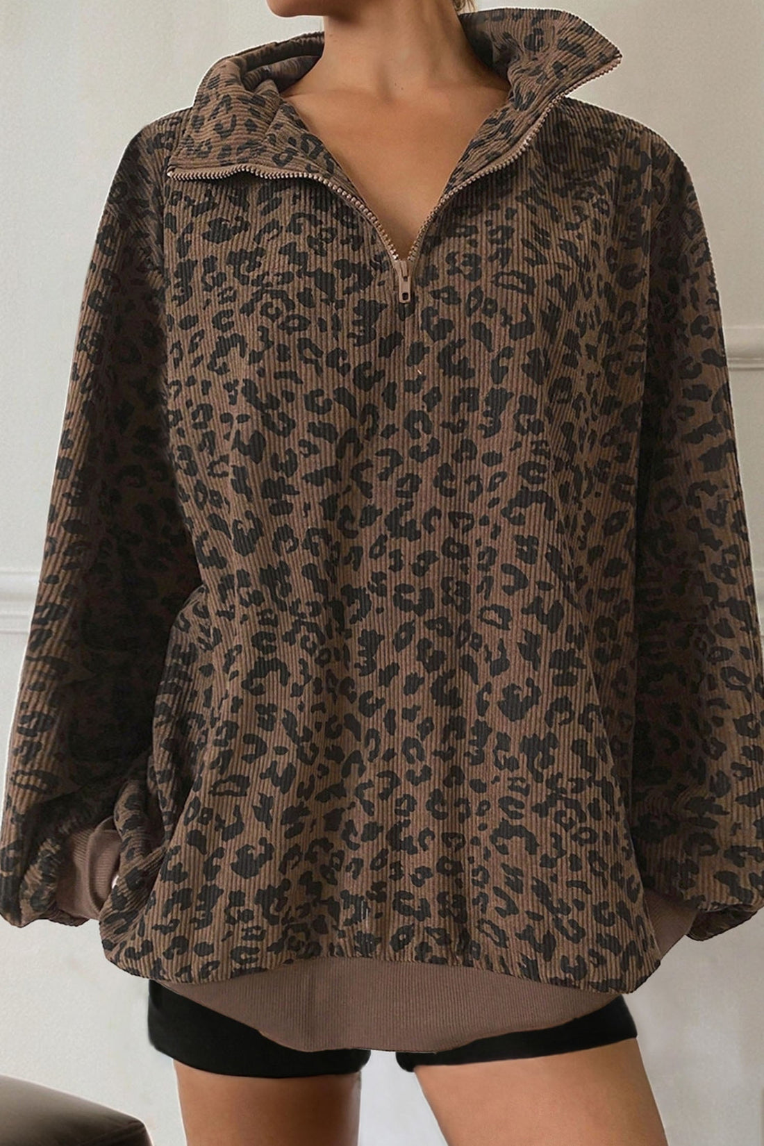 Leopard Print Quarter Zip Soft Corduroy Sweatshirt - eAura
