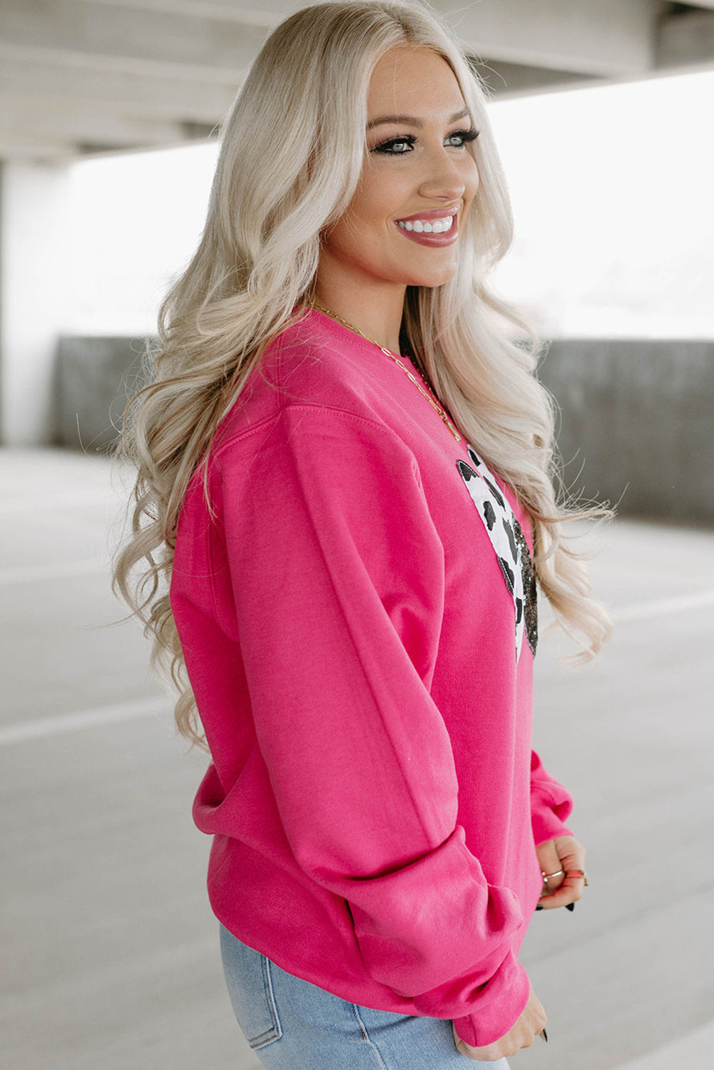 Strawberry Pink Cow & Sequin Double Heart Patch Graphic Sweatshirt eAura