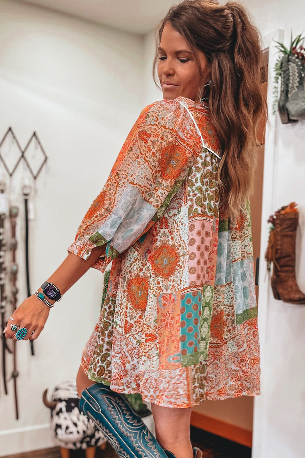 Orange Boho Paisley Mixed Print 3/4 Sleeve Chiffon Loose Dress eAura