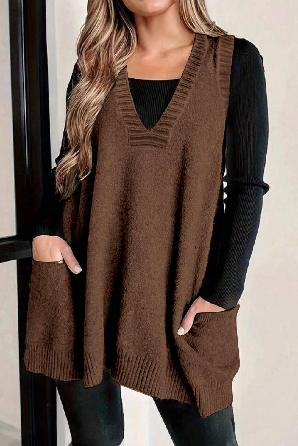 Rib Knit Deep V-Neckline Front Pocketed Baggy Tunic Sweater Vest - eAura