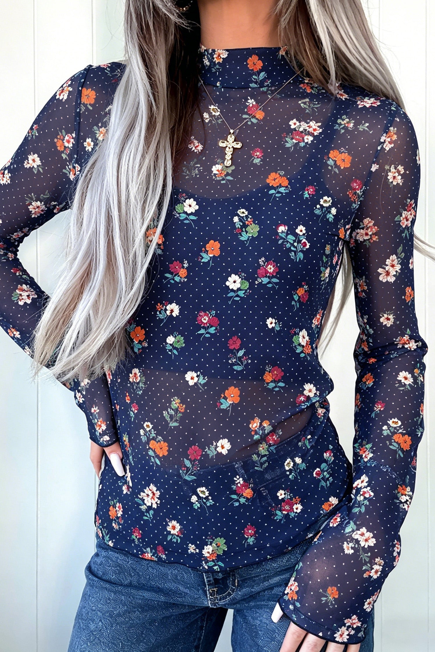 Polka Dot Floral Mesh Long Sleeve High Neck Pullover Sheath Top – Blue