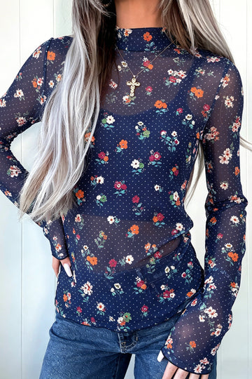 Polka Dot Floral Mesh Long Sleeve High Neck Pullover Sheath Top – Blue