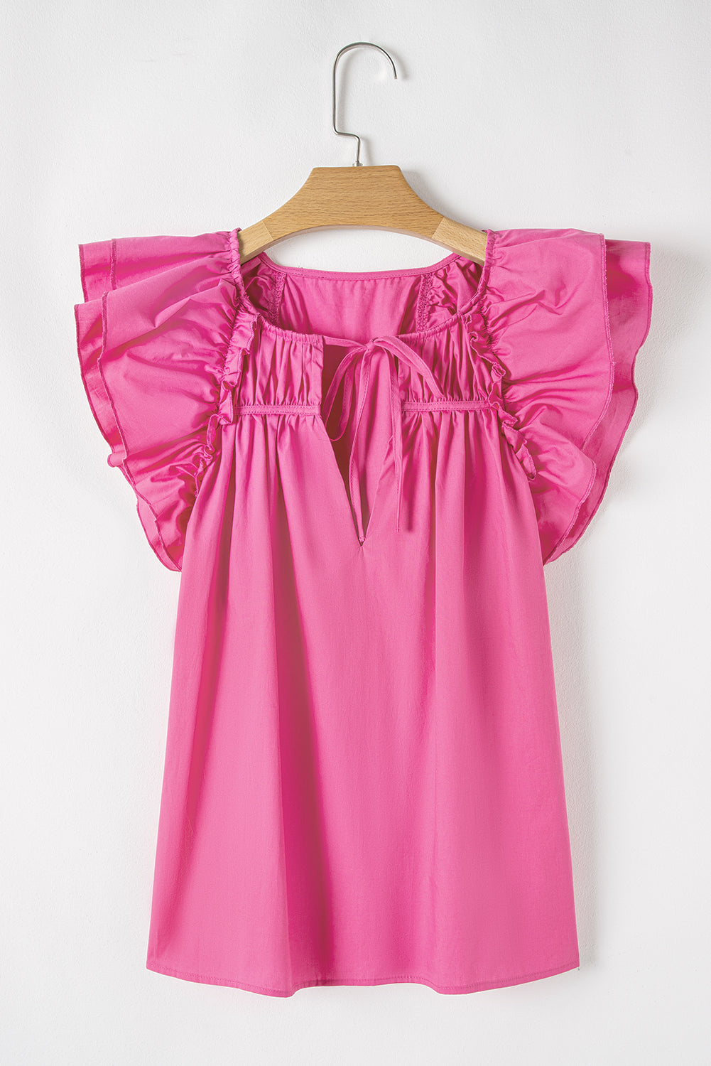 Sachet Pink Shirred Yoke Lace up V Neck Ruffled Sleeve Blouse eAura
