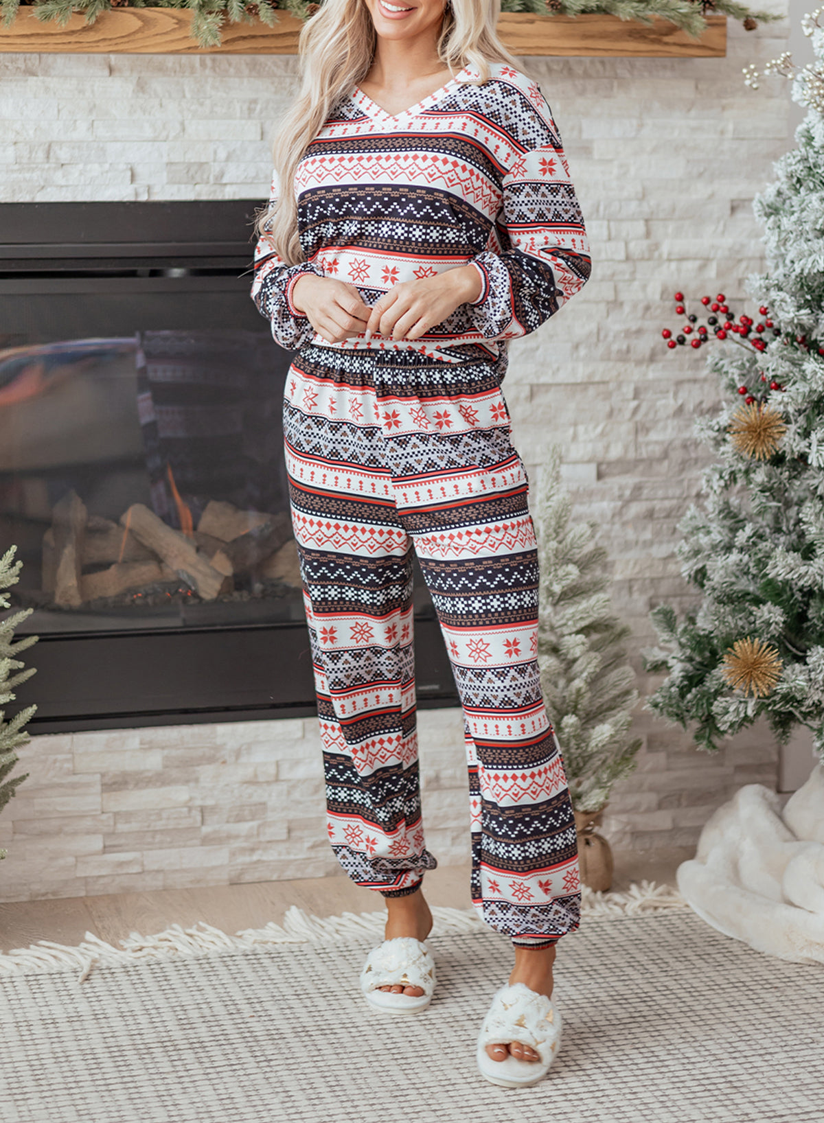 Retro Christmas Pattern Loose Pullover Pyjama Set - eAura