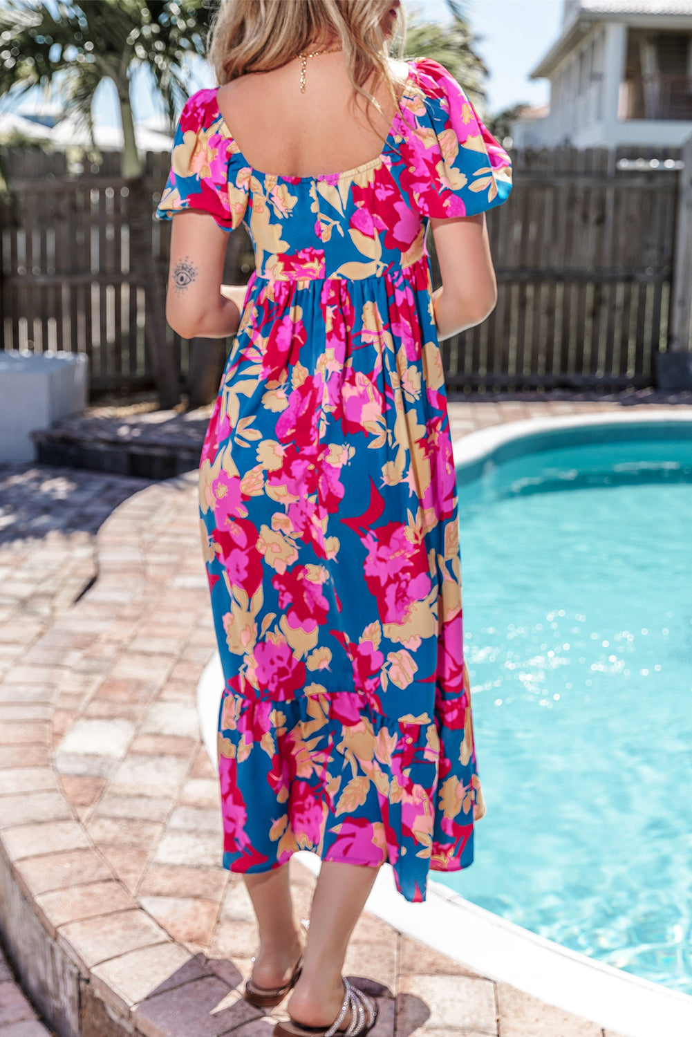 Dark Blue Square Neck Bubble Sleeve Ruffled Floral Dress eAura