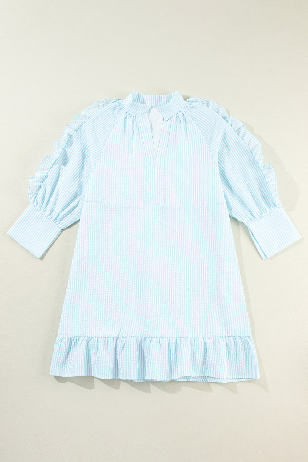 Myosotis Seersucker Ruffled Puff Sleeve Stand Neck Mini Dress Beagle Boutique Fashion Outlet
