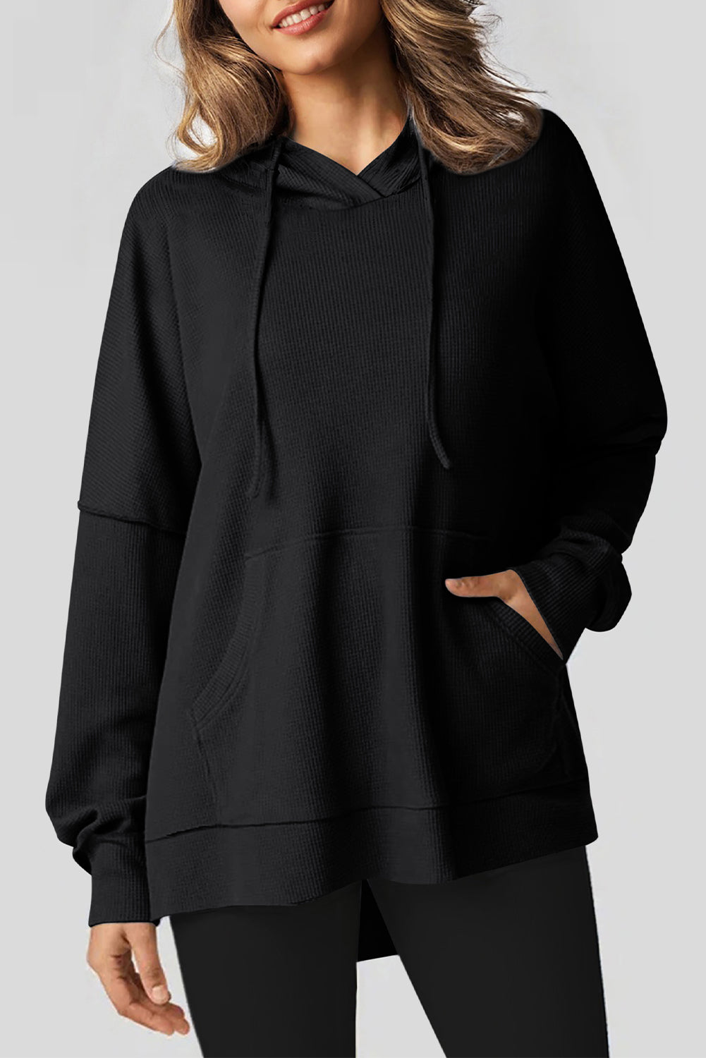 Light Pink Waffle Knit Fleece Lined High Low Oversized Hoodie eAura