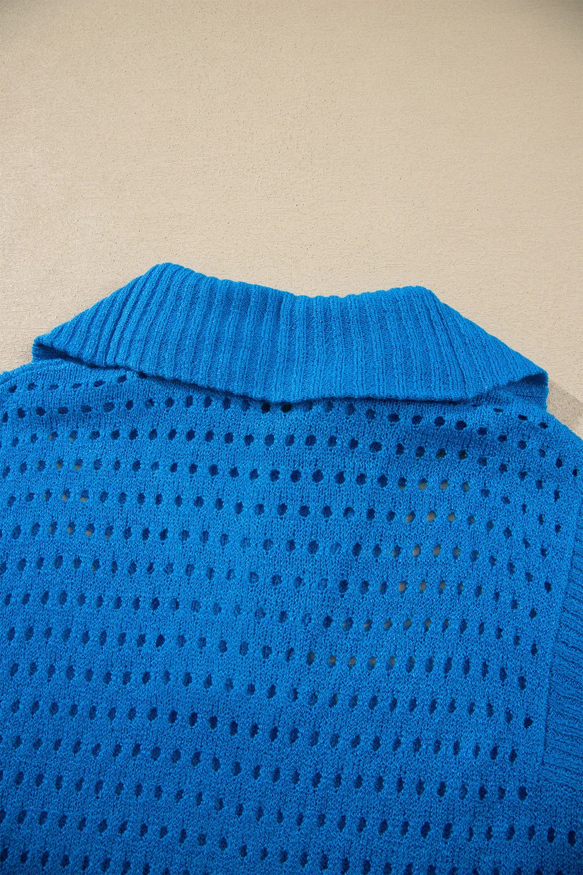 Sky Blue Solid Colour Hollowed Knit Short Sleeve Zipper Collar Knitwear Top – Light Blue