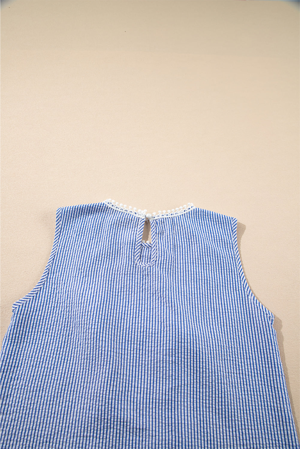 Sky Blue Stripe Lace Patchwork Crew Neck Tank Top eAura