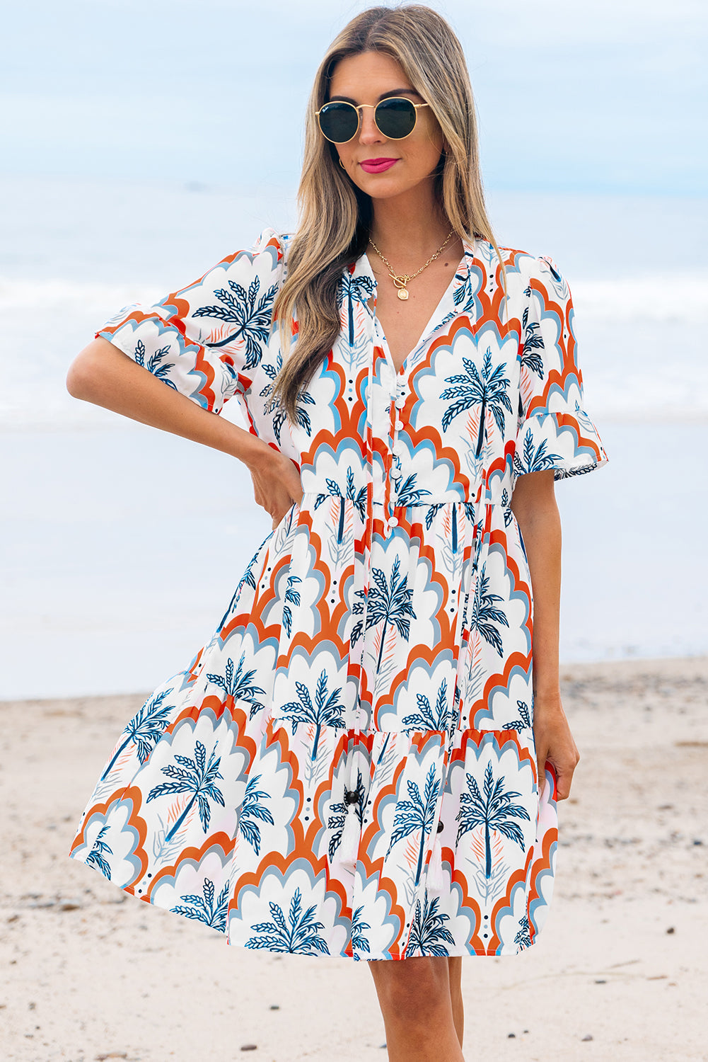 Palm Tree Printed Short Sleeve Flowy Dress - eAura