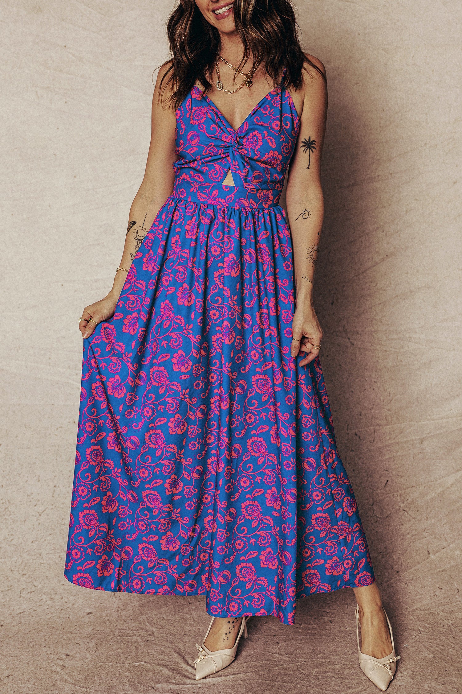 Blue Floral Print Twisted V-Neck Tied Backless Maxi Dress