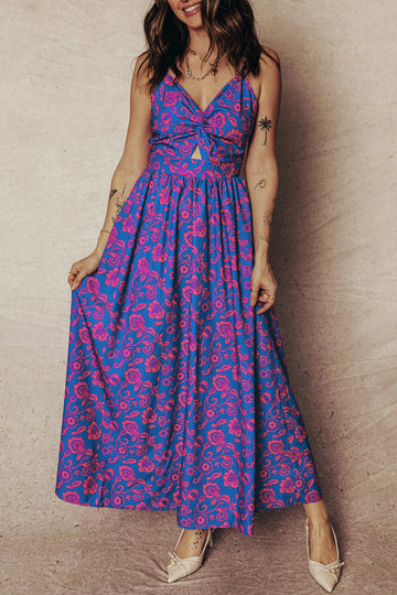Blue Floral Print Twisted V-Neck Tied Backless Maxi Dress