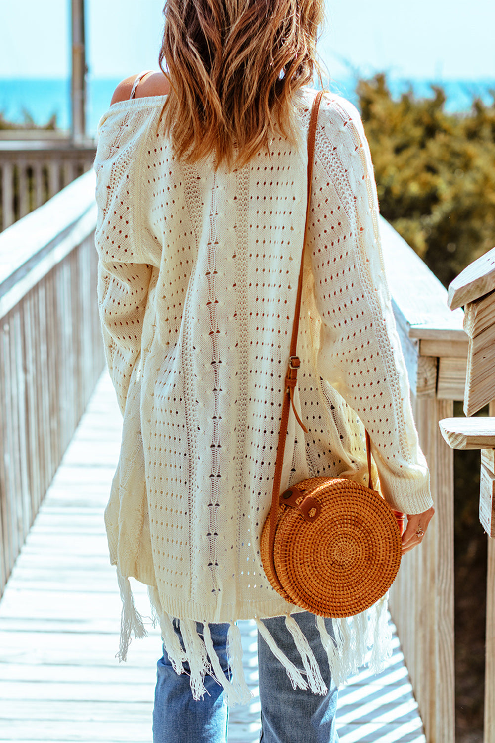 Beige Tasseled Hollow-out Cable Knit Cardigan eAura