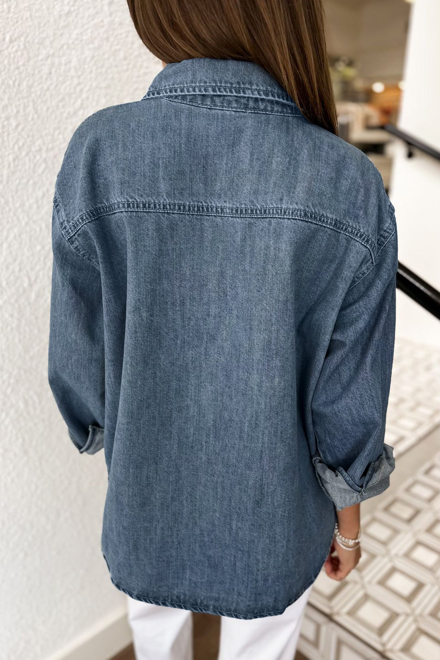 Color Block Pocket Detail Casual Button Down Denim Shirt – Sky Blue