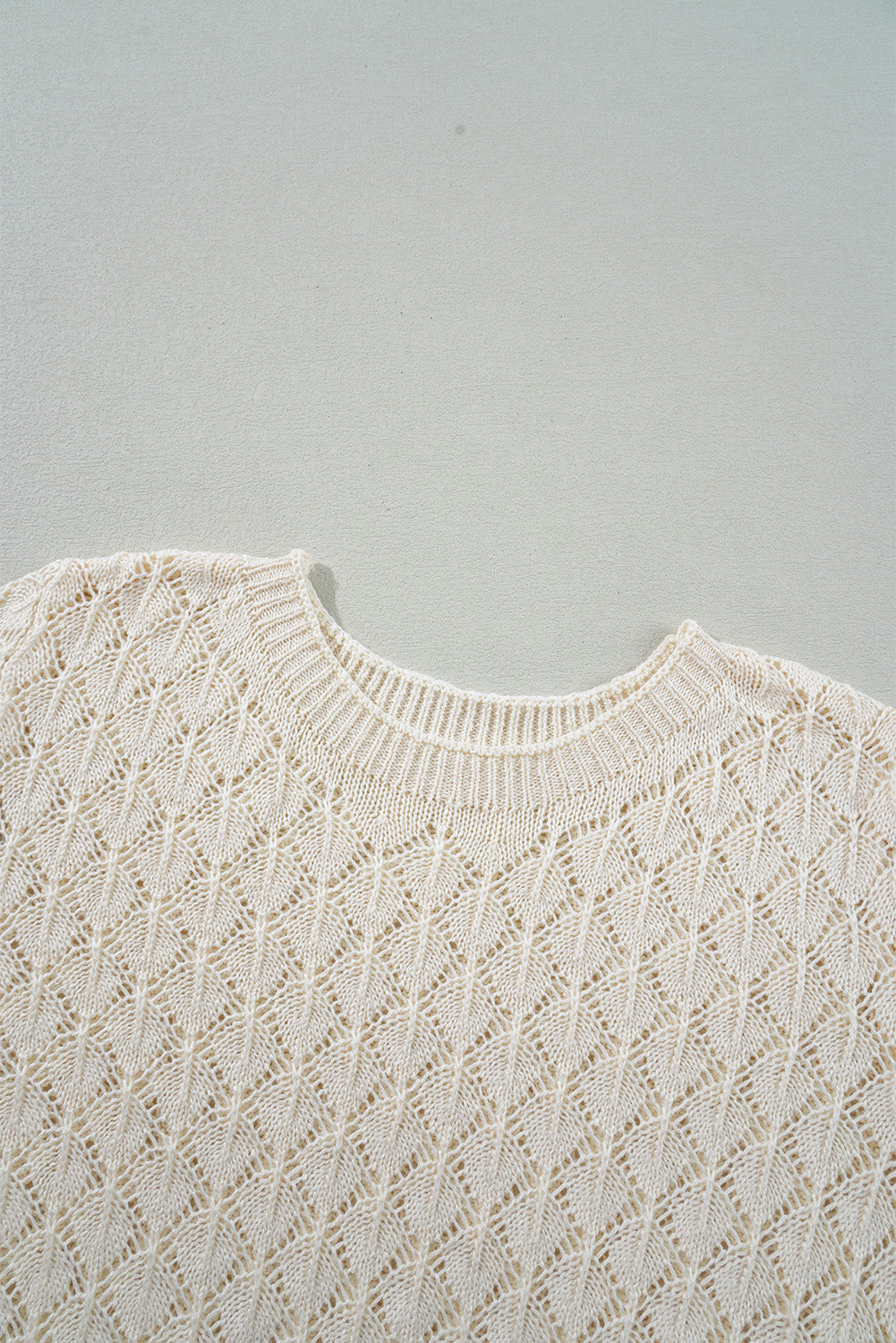 Beige Hollow Out Crochet O Neck Short Sleeve Sweater Tee eAura