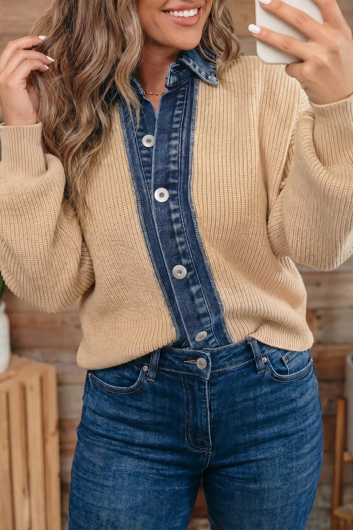 Drop Shoulder Placket Paneling Shirt Collar Long Sleeve Cardigan – Parchment