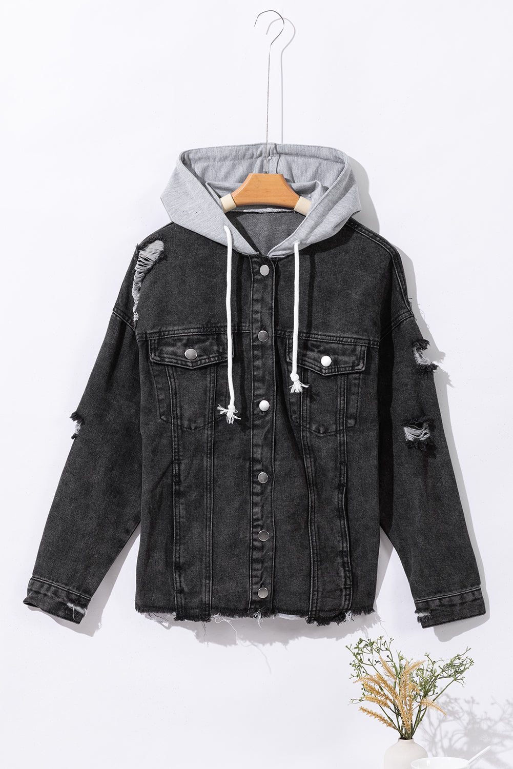 Black Drawstring Hooded Frayed Denim Jacket eAura
