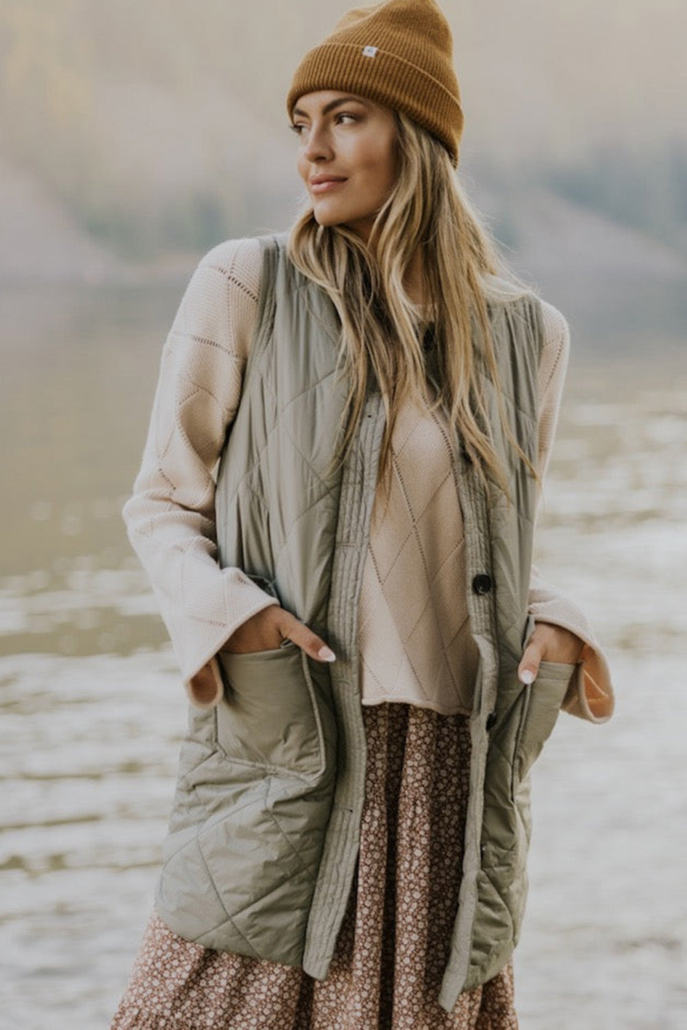 Grass Green Quilted Long Sleeveless Coat with Pockets eAura
