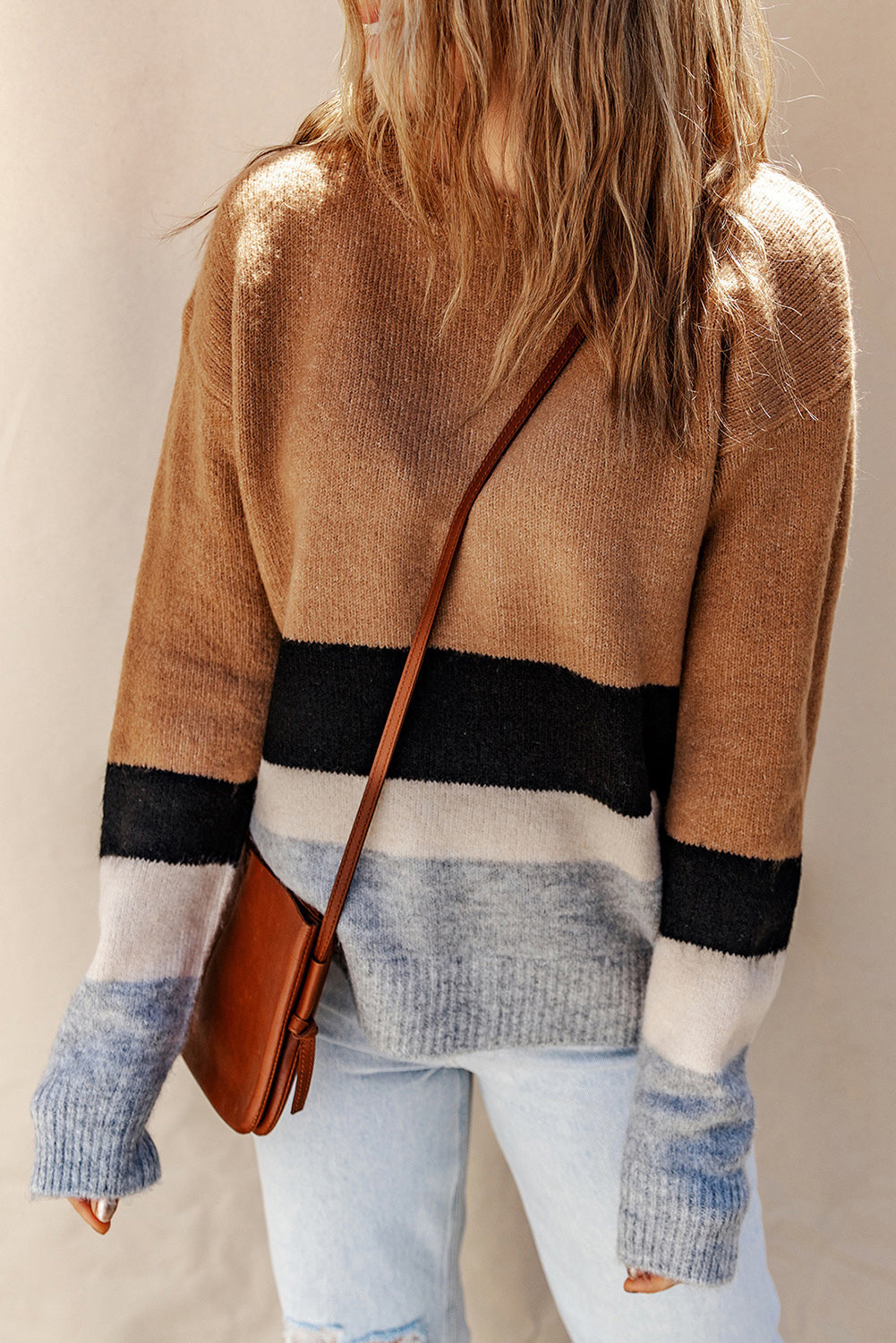 Brown Colour Block Striped Ribbed Knit Sweater eAura