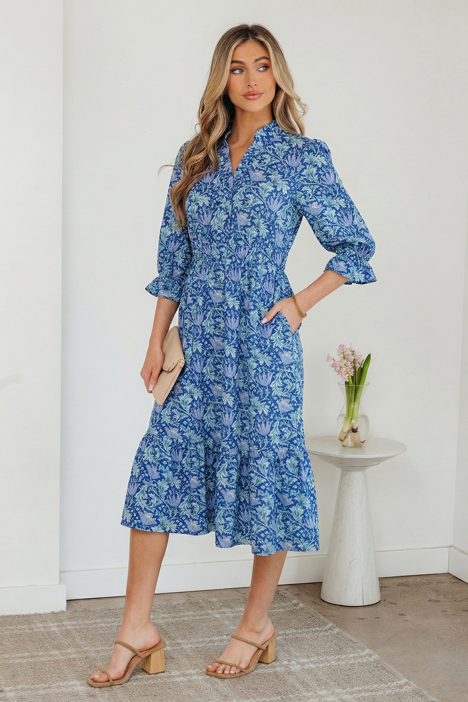 Floral Printed Frilled V-Neck Bracelet Sleeve Long Dress