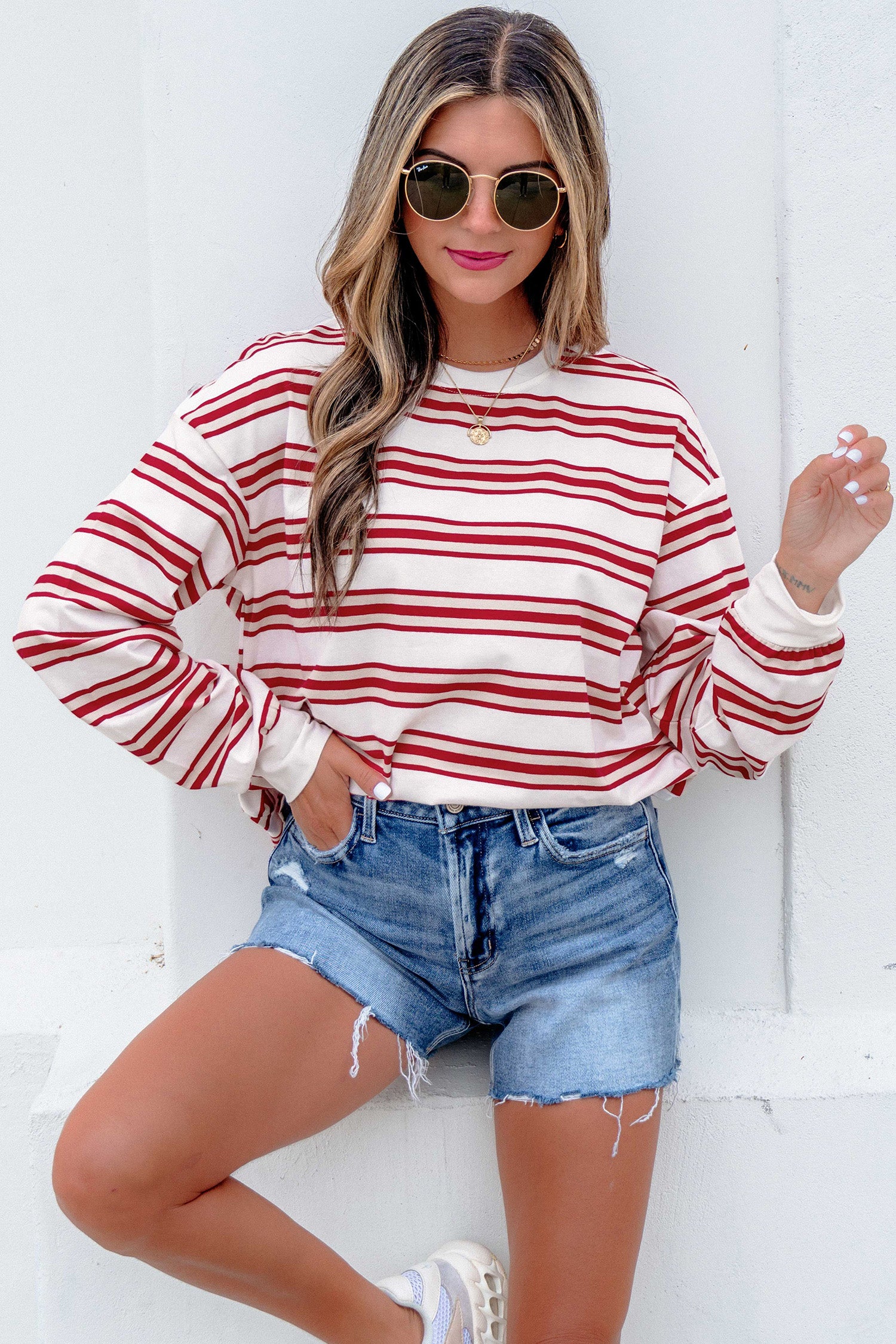 Dropped Shoulder Long Sleeve Casual Pullover Top – Red Stripe