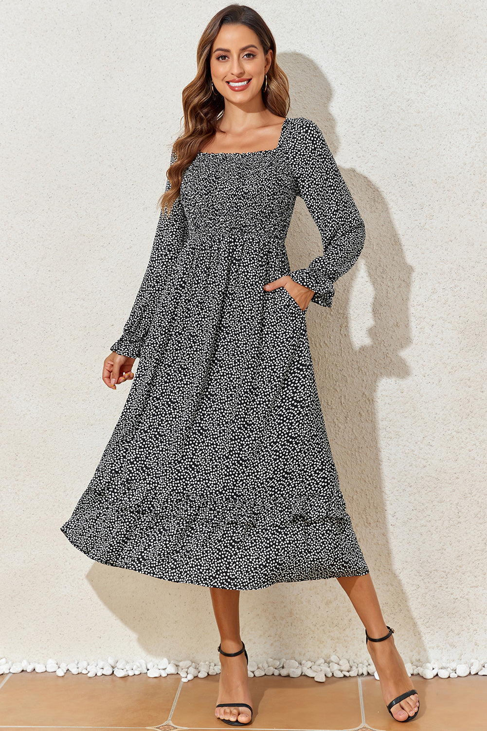 Black Floral Printed Long Sleeve Square Neck Midi Dress eAura