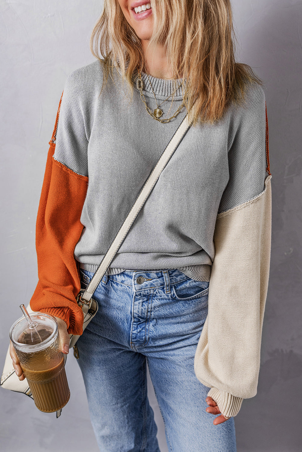 Pink Colourblock Bishop Sleeve Ribbed Trim Sweater eAura