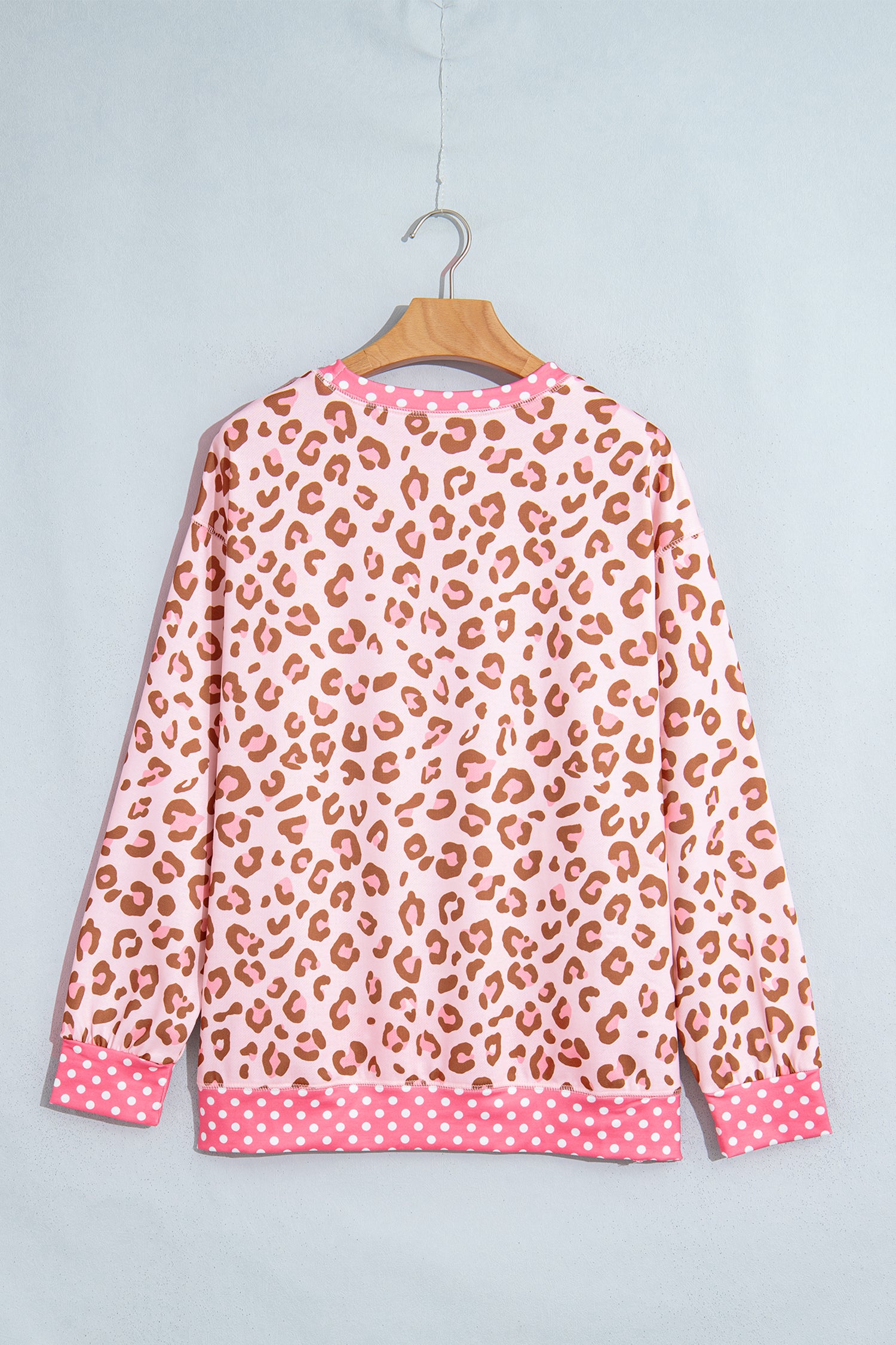 Brown Leopard Polka Dot Colorblock Trim Long Sleeve Top