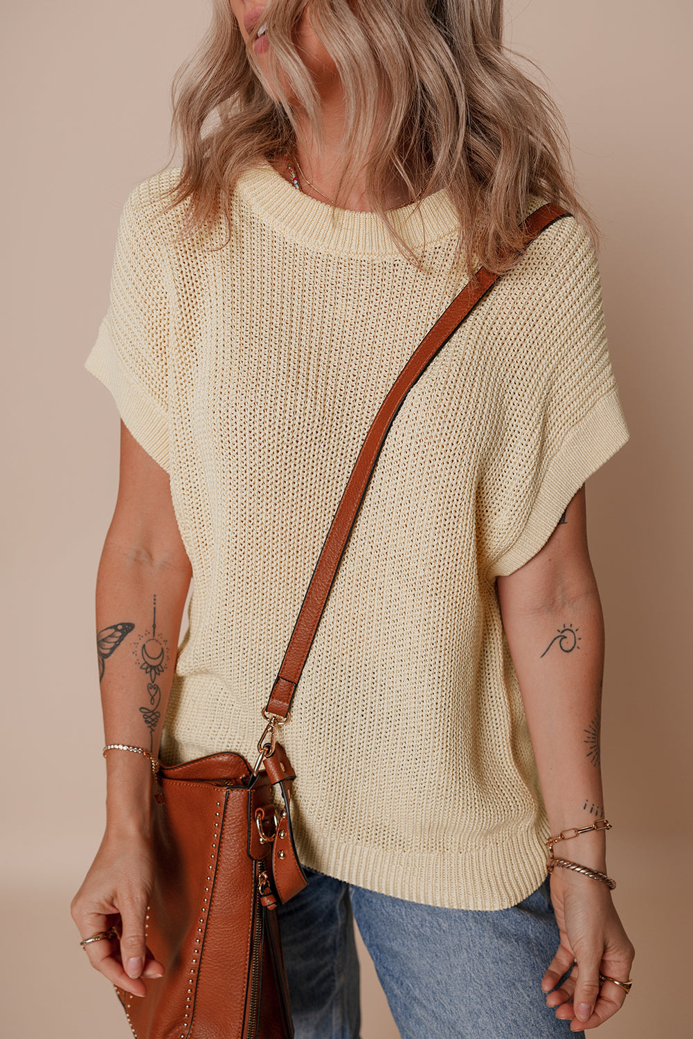 Oatmeal Solid Colour Batwing Short Sleeve Round Neck Knit T Shirt eAura