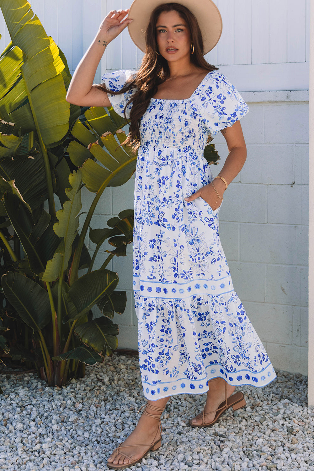 Sky Blue Floral Print Square Neck Bubble Sleeve High Waist Maxi Dress eAura