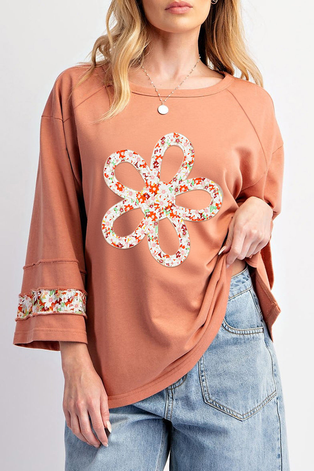 Grapefruit Orange Flower Patch Graphic Exposed Seam Wide Sleeve Top eAura
